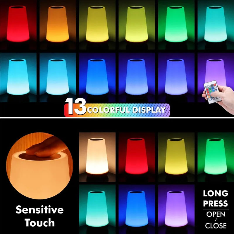 Lâmpada de cabeceira portátil com 13 cores mudando, com controle remoto rgb, toque, usb recarregável, para mesa